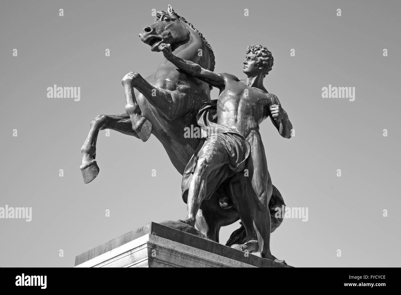 Bronze statue of the horse tamer located near Austrian Parliament Building in Vienna.  It was designed and executed by J. Lax in Stock Photo