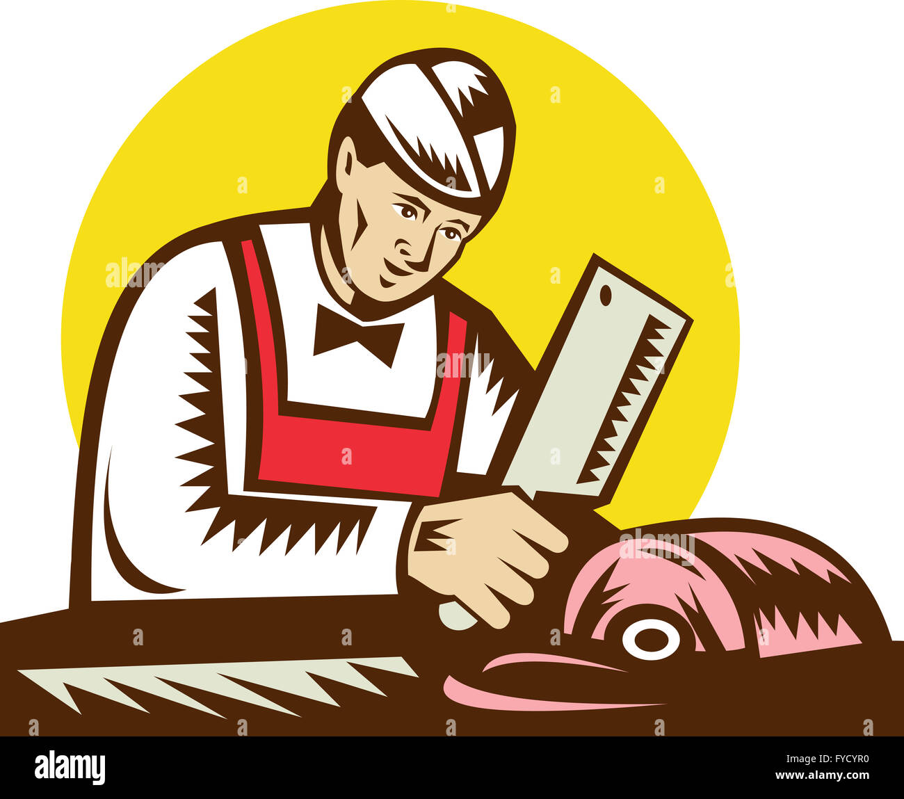 Butcher holding cleaver with meat Stock Photo Alamy