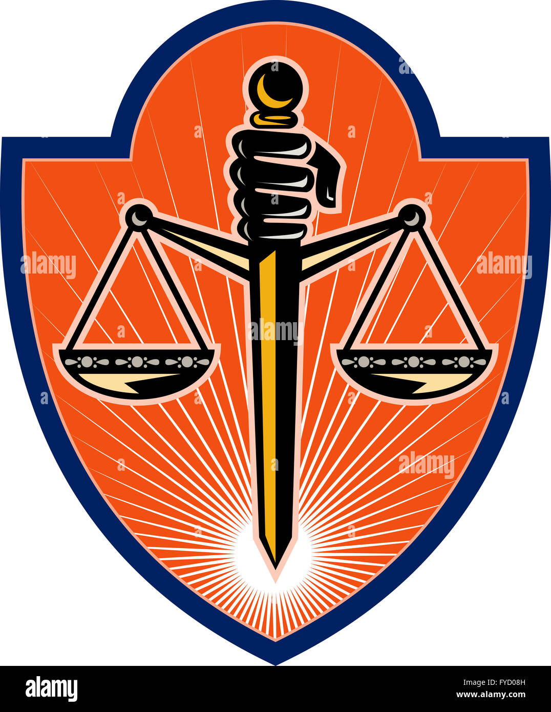 Hand holding sword scales of justice Stock Photo Alamy