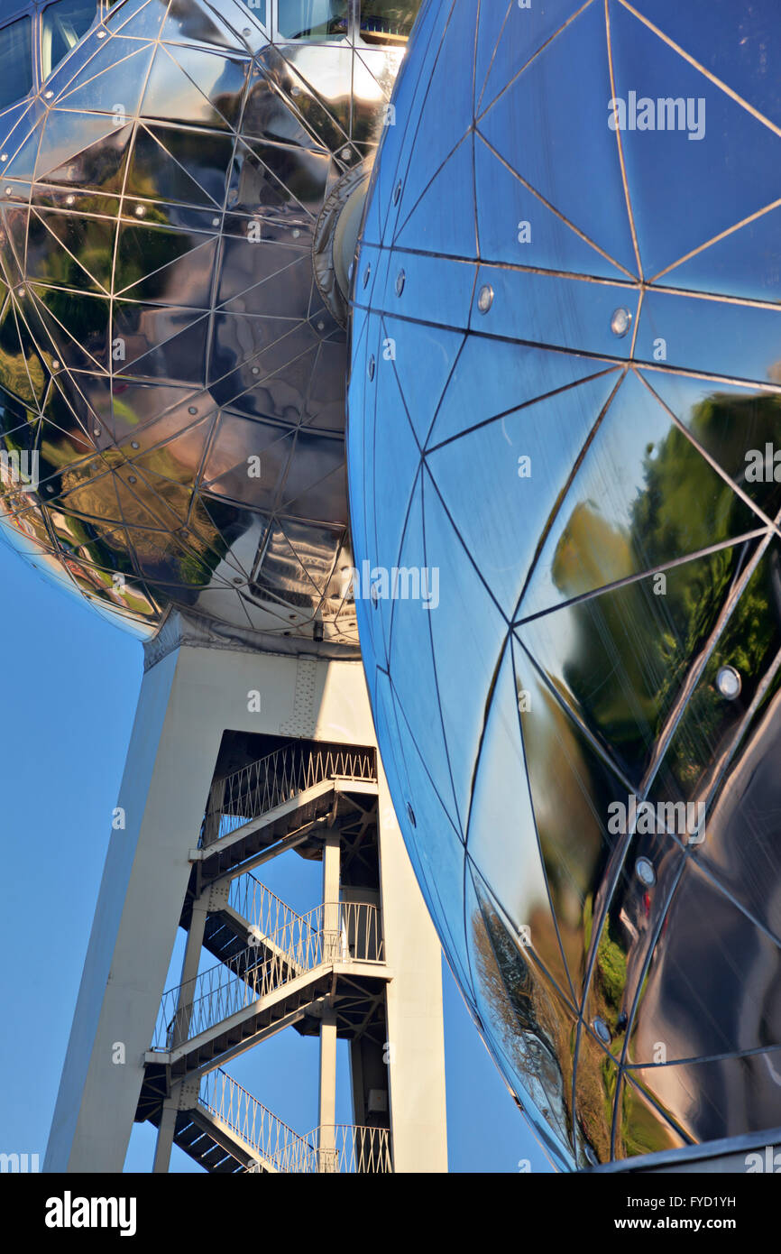 Close-up of the Atomium in Brussels constructed for the 1958 World Expo ...