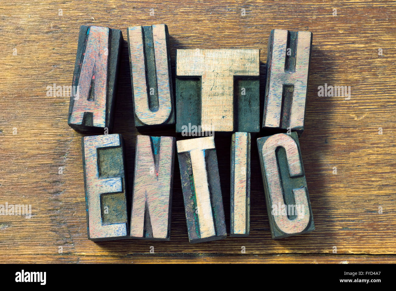 authentic word made from wooden letterpress type on grunge wood Stock Photo
