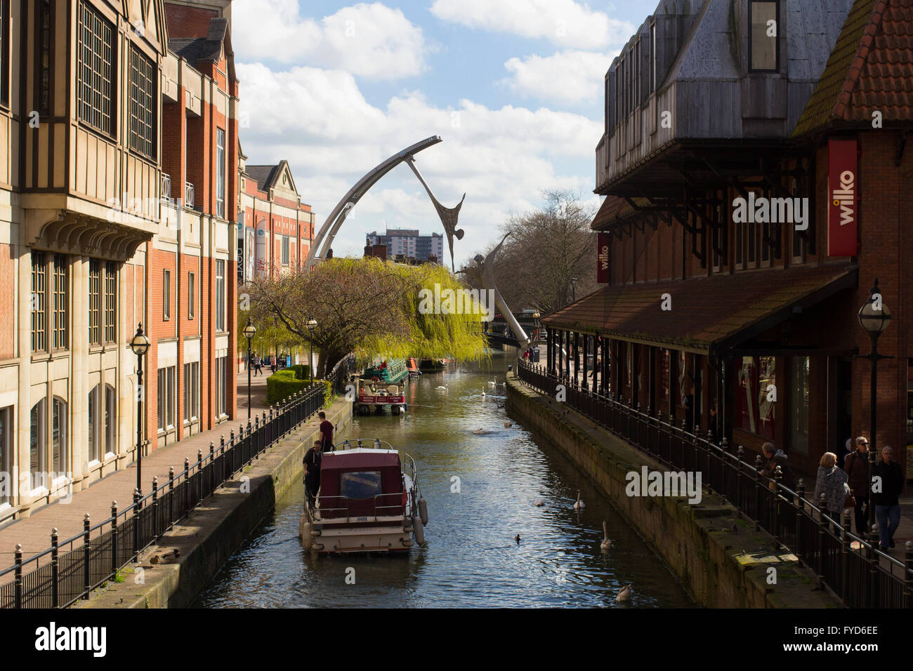 The view of Waterside North along the River Whitham in the very centre of Lincoln shopping area. Stock Photo