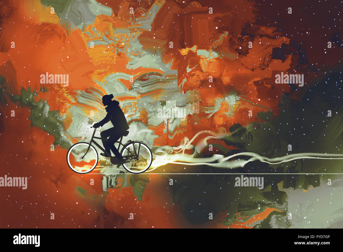 Silhouettes of man on bicycle in universe filled,illustration art Stock Photo