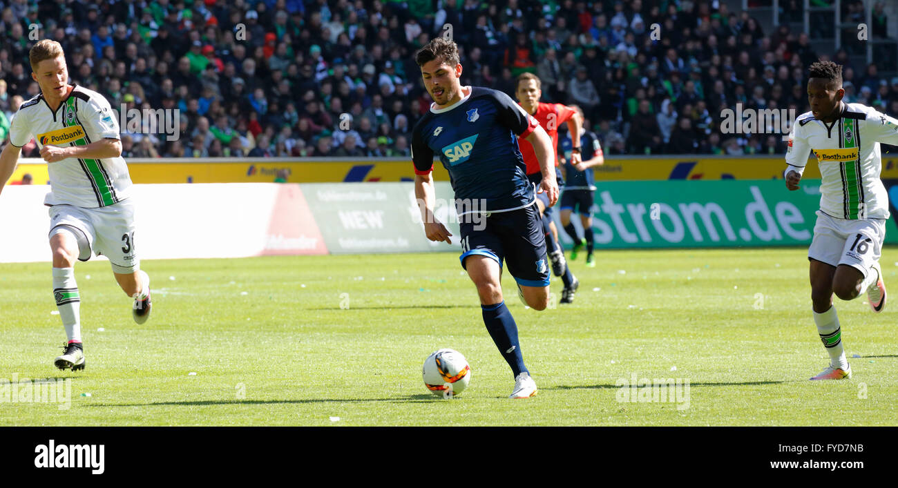 sports, football, Bundesliga, 2015/2016, Borussia Moenchengladbach versus TSG 1899 Hoffenheim 3:1, Stadium Borussia Park, scene of the match, f.l.t.r. Nico Elvedi (MG), Kevin Volland (TSG) in ball possession, Ibrahima Traore (MG) Stock Photo