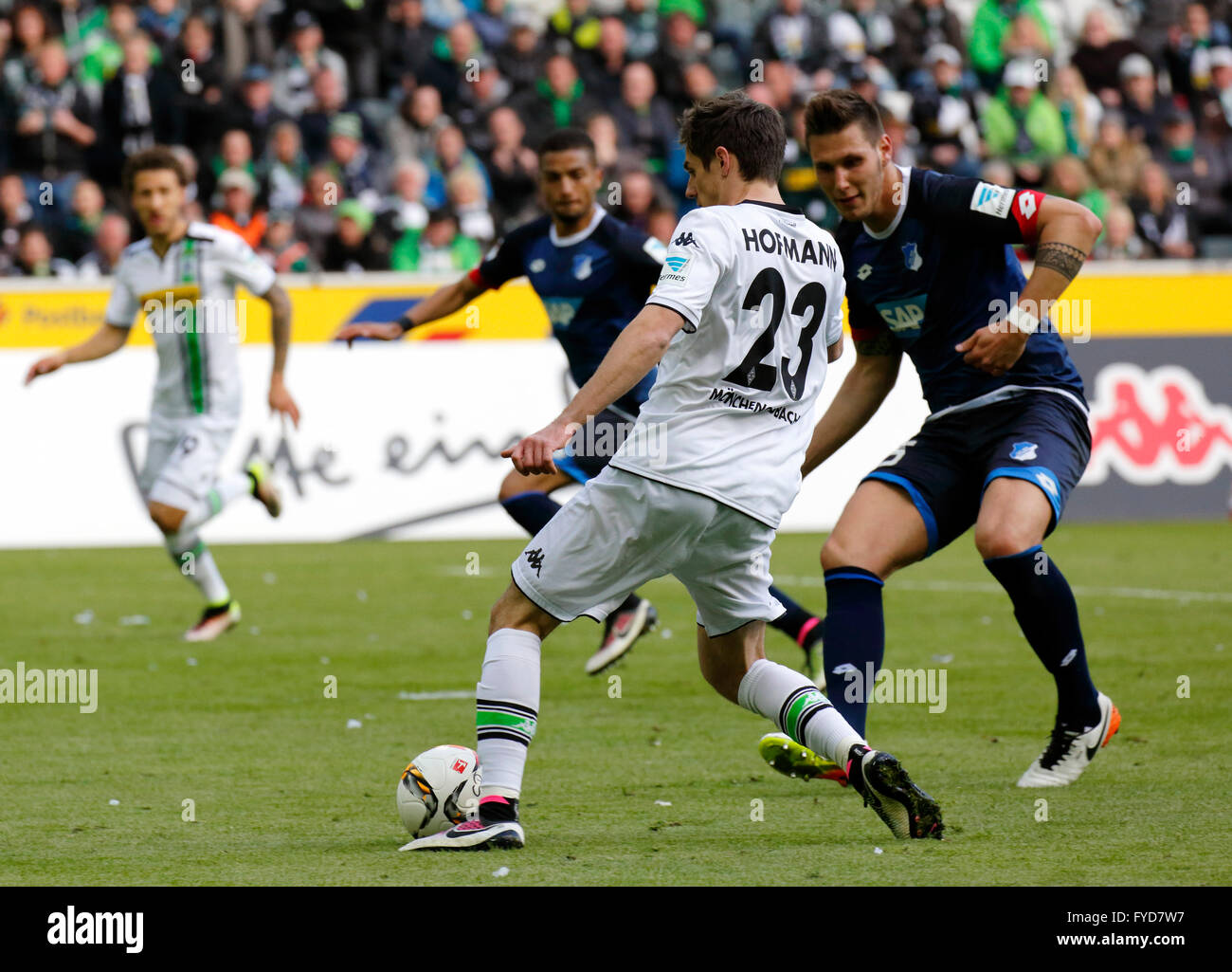 sports, football, Bundesliga, 2015/2016, Borussia Moenchengladbach versus TSG 1899 Hoffenheim 3:1, Stadium Borussia Park, scene of the match, Jonas Hofmann (MG) in ball possession, right Niklas Suele (TSG) Stock Photo