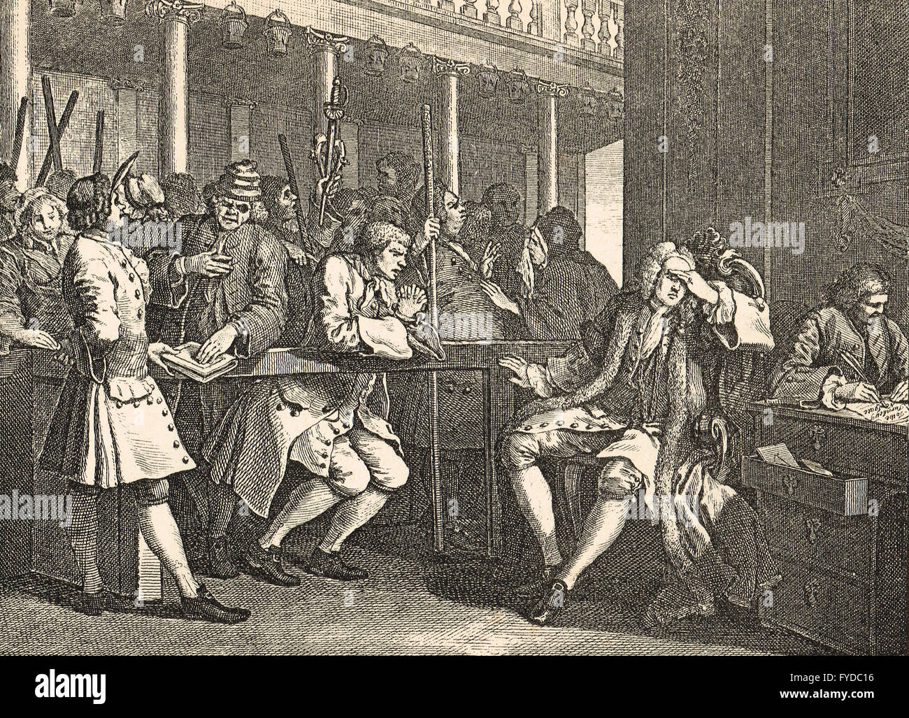 Industry & Idleness Plate 10 The Industrious 'Prentice Alderman of London, the Idle one brought before him & Impeach'd by his Accomplice by William Hogarth circa 1747 Stock Photo