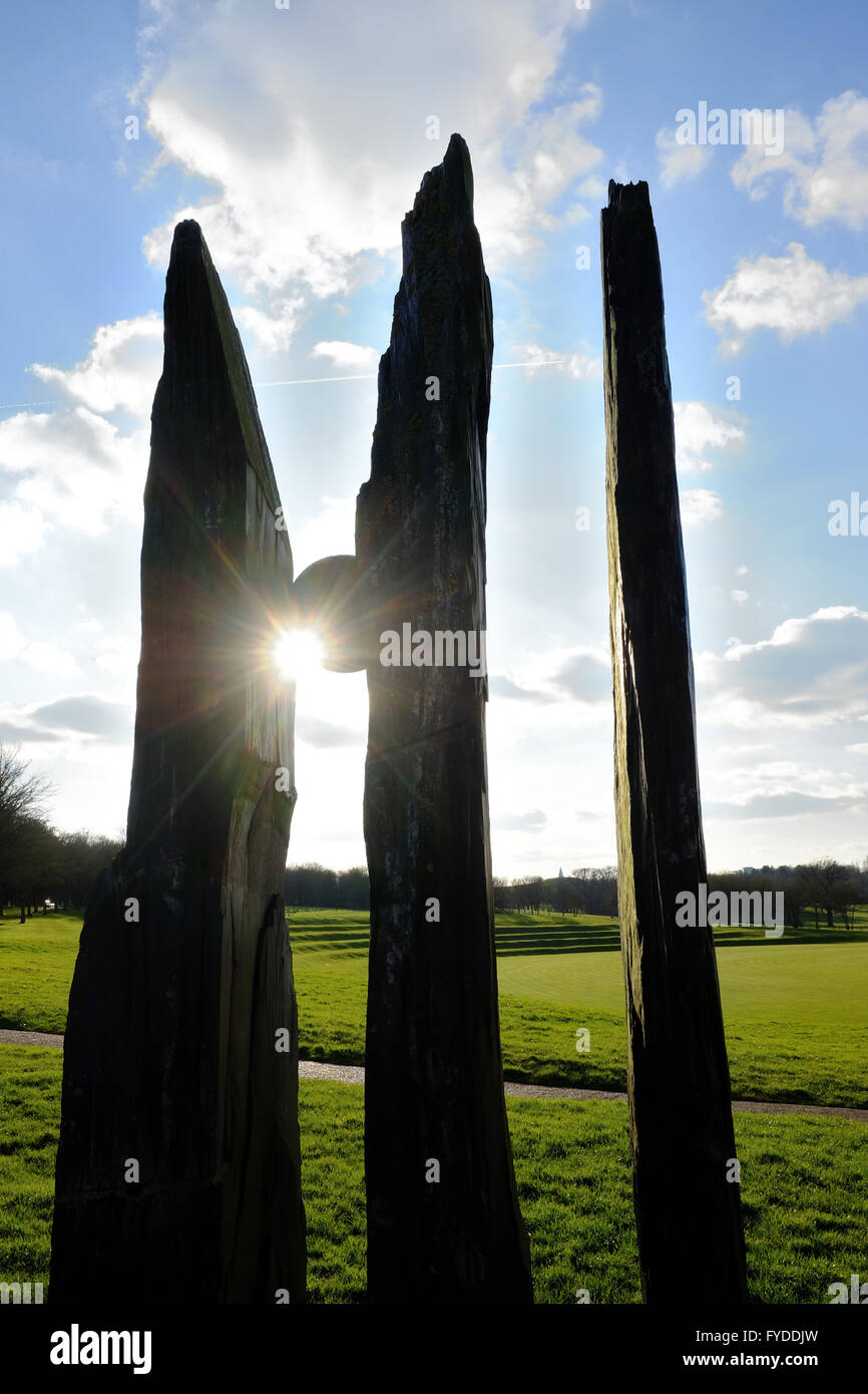 Stone Sculpture at Milton Keynes Cricket Ground, Buckinghamshire, UK Stock Photo
