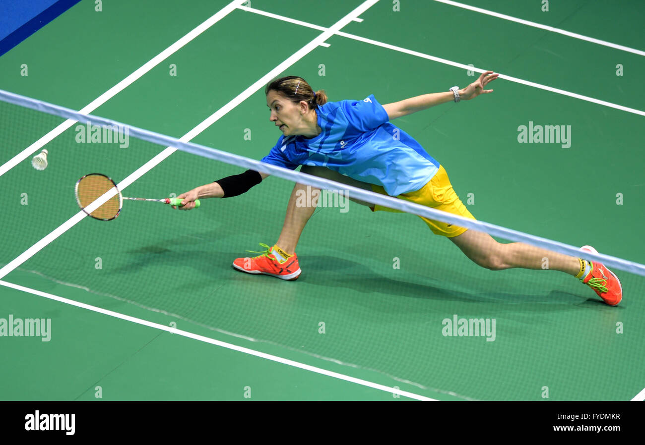 Wuhan, Chinas Hubei Province. 26th Apr, 2016. Veronika Sorokina of  Kazakhstan returns a shot during the womens singles Group C match against  Cheung Ying Mei of Hong Kong of China at the