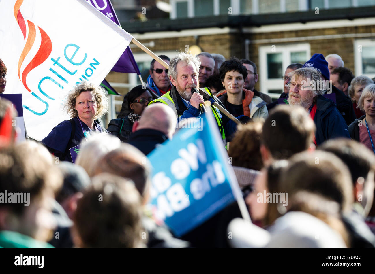 Brighton, UK. 26th April 2016. Sussex Defend The NHS March to Royal Sussex County Hospital from the Brighton Centre, the venue for the Unison Health Conference. The rally, supported by Unison delegates, is in support of the Junior Doctors strike that sees them withdrawing labour for 18 hours from 8am-5pm on 26 & 27 April. Credit:  Francesca Moore/Alamy Live News Stock Photo