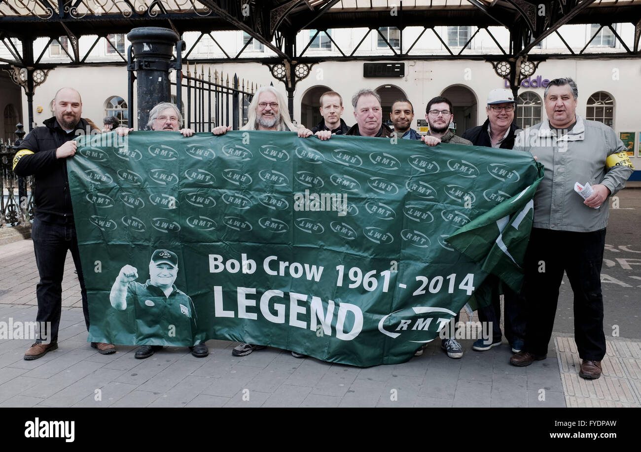 Brighton UK 26th April 2016 - Members of the RMT Union on the picket line  with a banner in memory of Bob Crow outside Brighton Railway Station today as they hold a strike over Southern GTR's proposal to remove some conductors from trains  Credit:  Simon Dack/Alamy Live News Stock Photo
