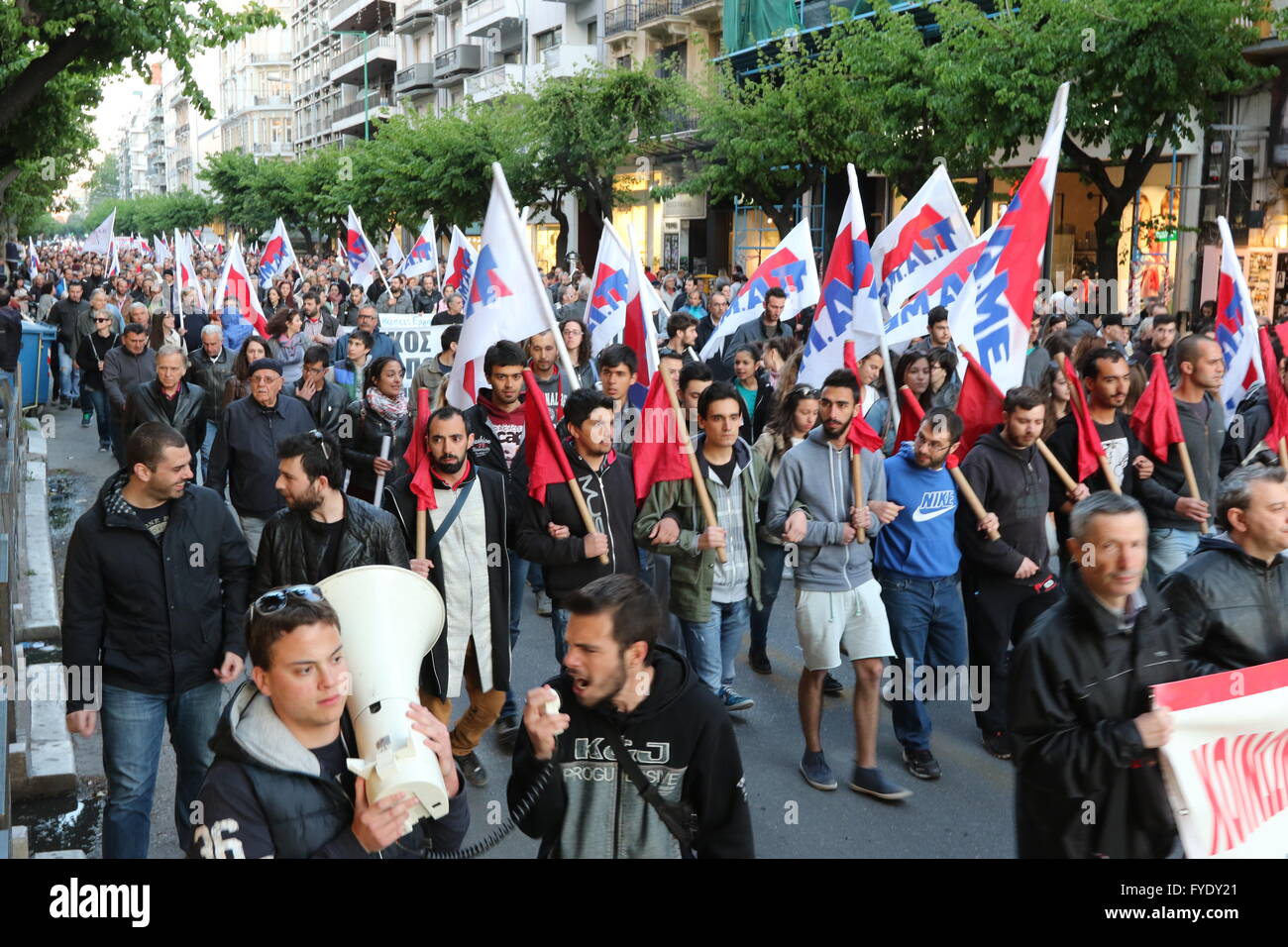 Thessaloniki, Greece,  26th April 2016.   Protesters from a communist-backed union took to the streets of Thessaloniki,  Greece's second largest city, to voice their opposition against social security reforms and other austerity measures.  Credit:  Orhan Tsolak /Alamy Live News Stock Photo