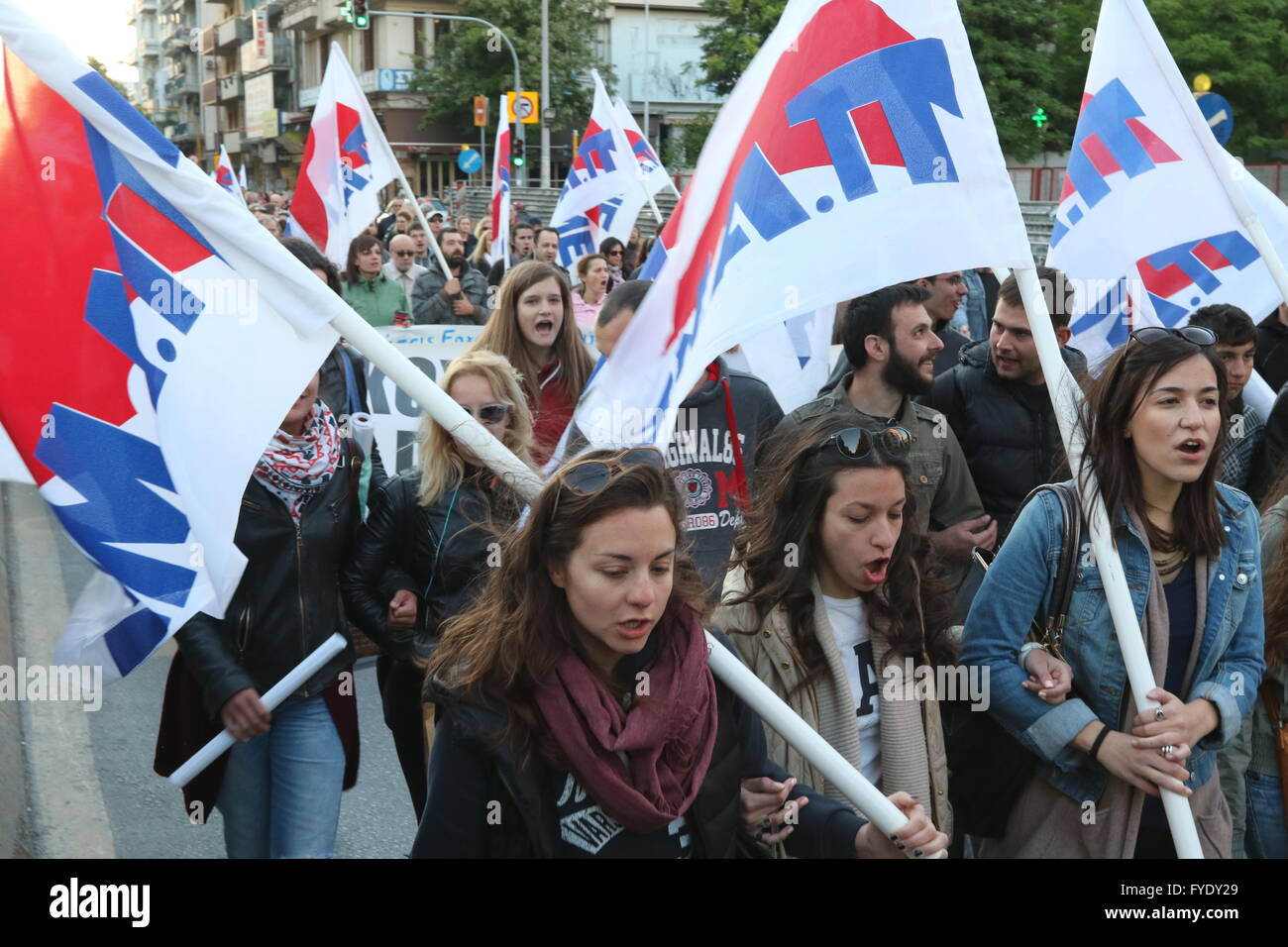 Thessaloniki, Greece,  26th April 2016.   Protesters from a communist-backed union took to the streets of Thessaloniki,  Greece's second largest city, to voice their opposition against social security reforms and other austerity measures.  Credit:  Orhan Tsolak /Alamy Live News Stock Photo
