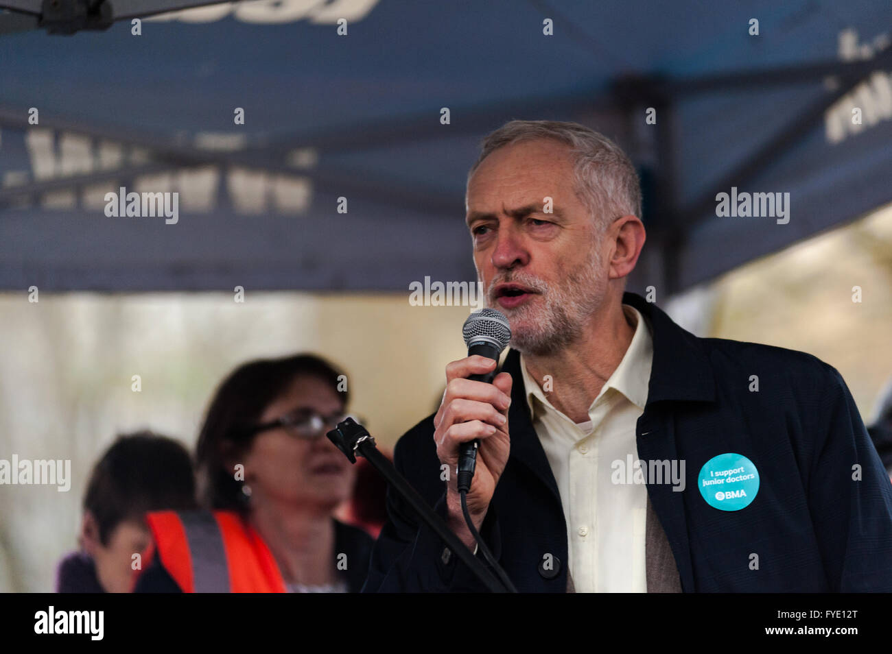 London, UK. 26th April 2016. Jeremy Corbyn, the leader of the Labour Party makes a speech during the junior doctors' strike against the government's imposition of a new contract. Wiktor Szymanowicz/Alamy Live News Stock Photo