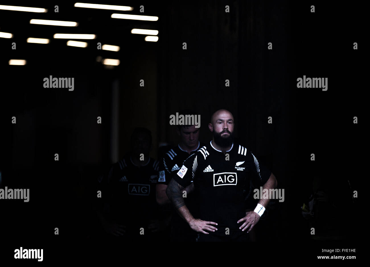 New Zealands DJ Forbes leads his team out during the 2016 HSBC / Cathay Pacific Hong Kong Sevens, Hong Kong Stadium. April 9th. Stock Photo