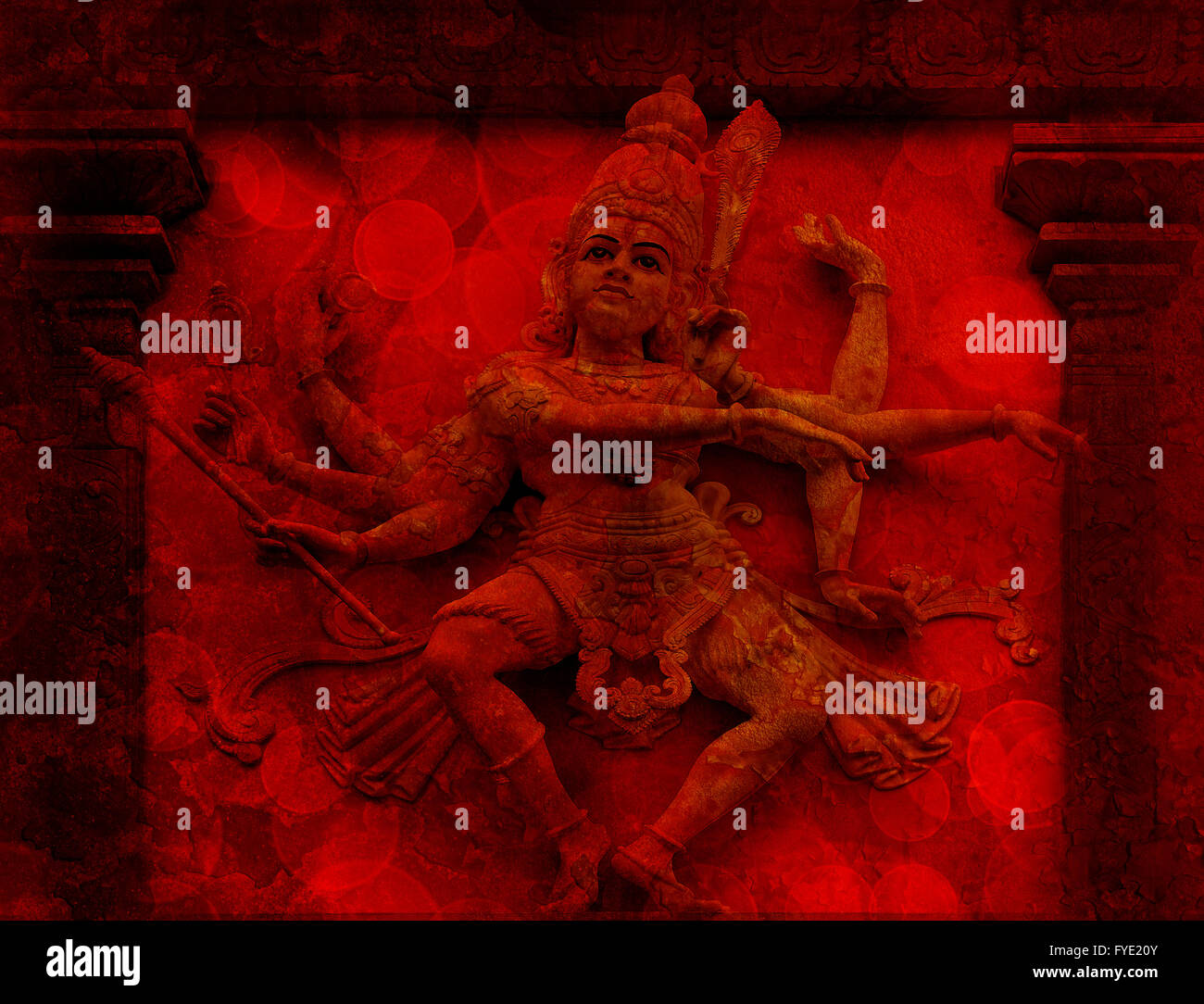 Nataraj Dancing Form of Lord Shiva Hindu God Statue on Temple Exterior Wall Relief in Red Grunge Texture Background Stock Photo