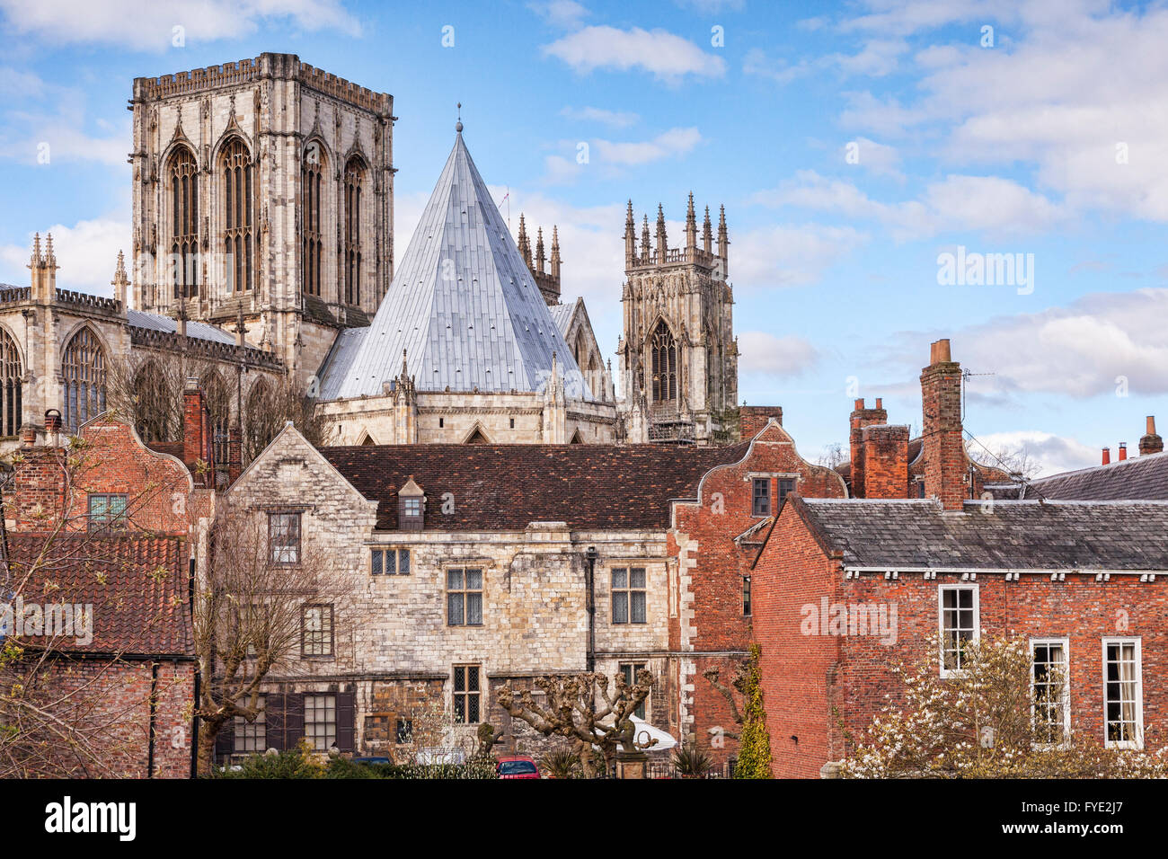 View over roof tops to York Minster, from the city walls, York, North Yorkshire, England, UK Stock Photo