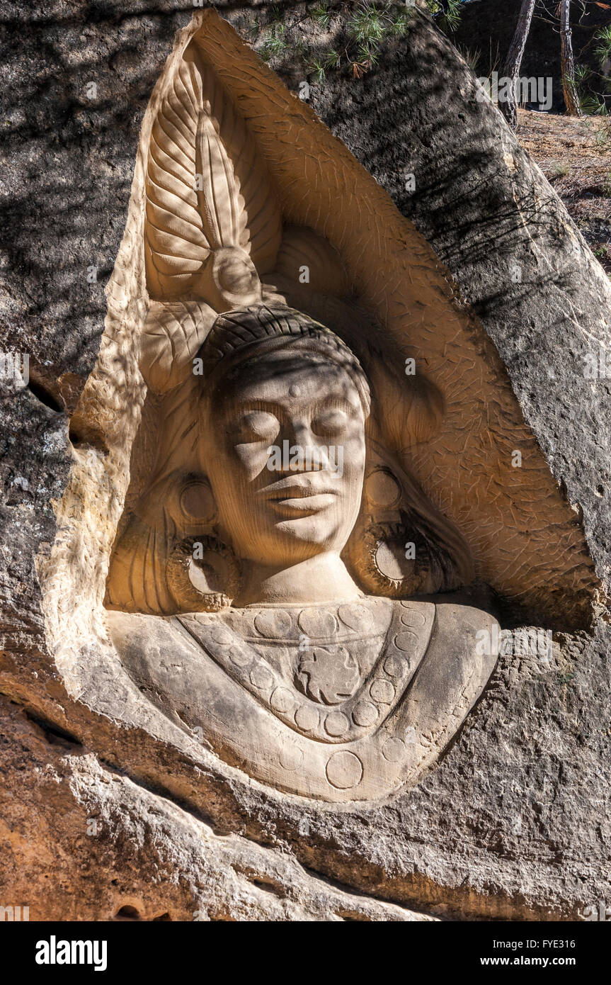 Sculptures carved on sandstones in the Ruta de las Caras, Route of the Faces Stock Photo