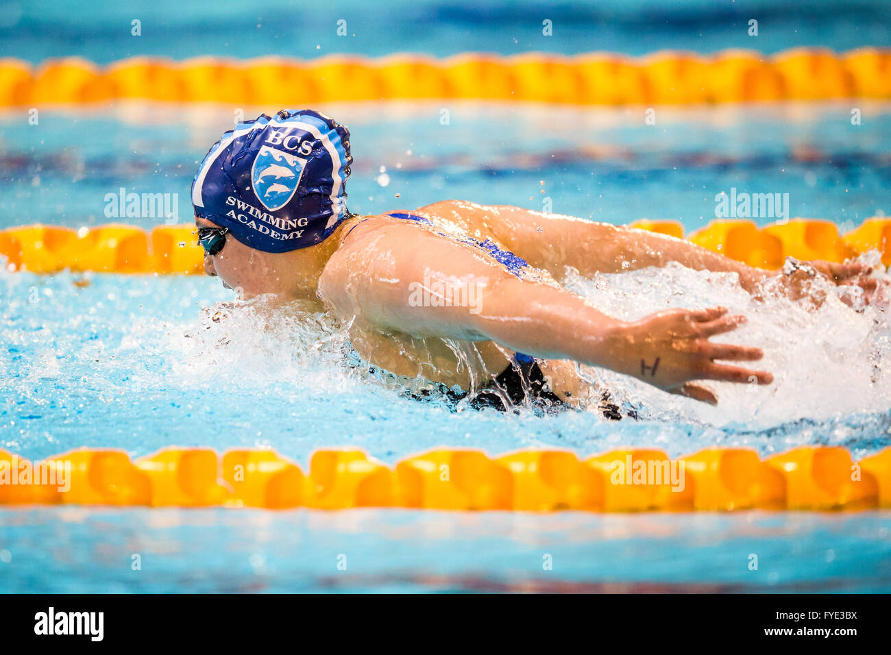 GLASGOW, UK: April, 25, 2016 Alice Tai competes at the Para-swimming trials. Stock Photo
