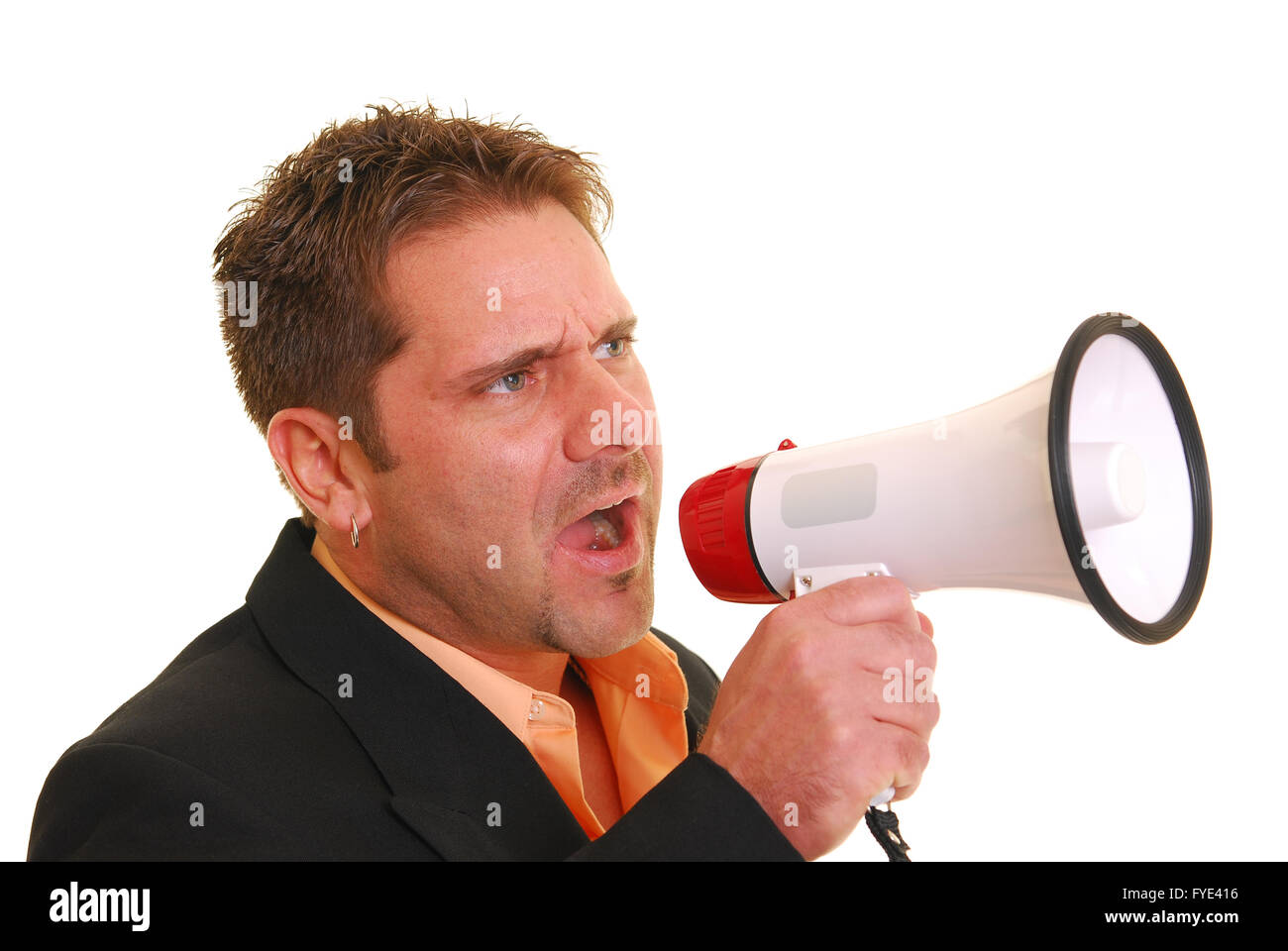 Business man yelling into a megaphone Stock Photo Alamy