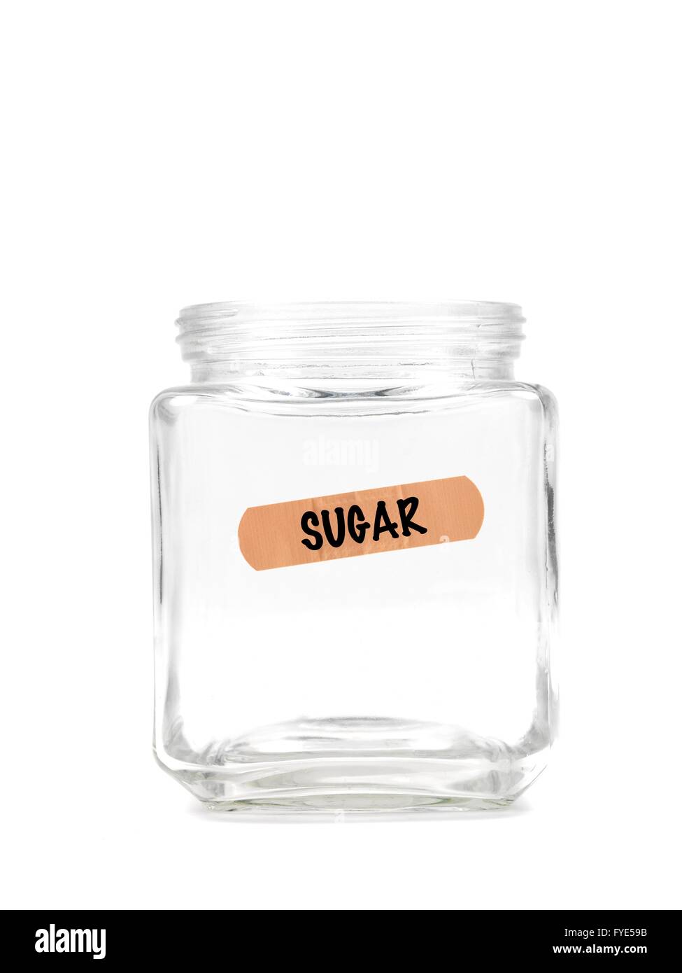 An empty jar with a sugar label isolated against a white background Stock Photo