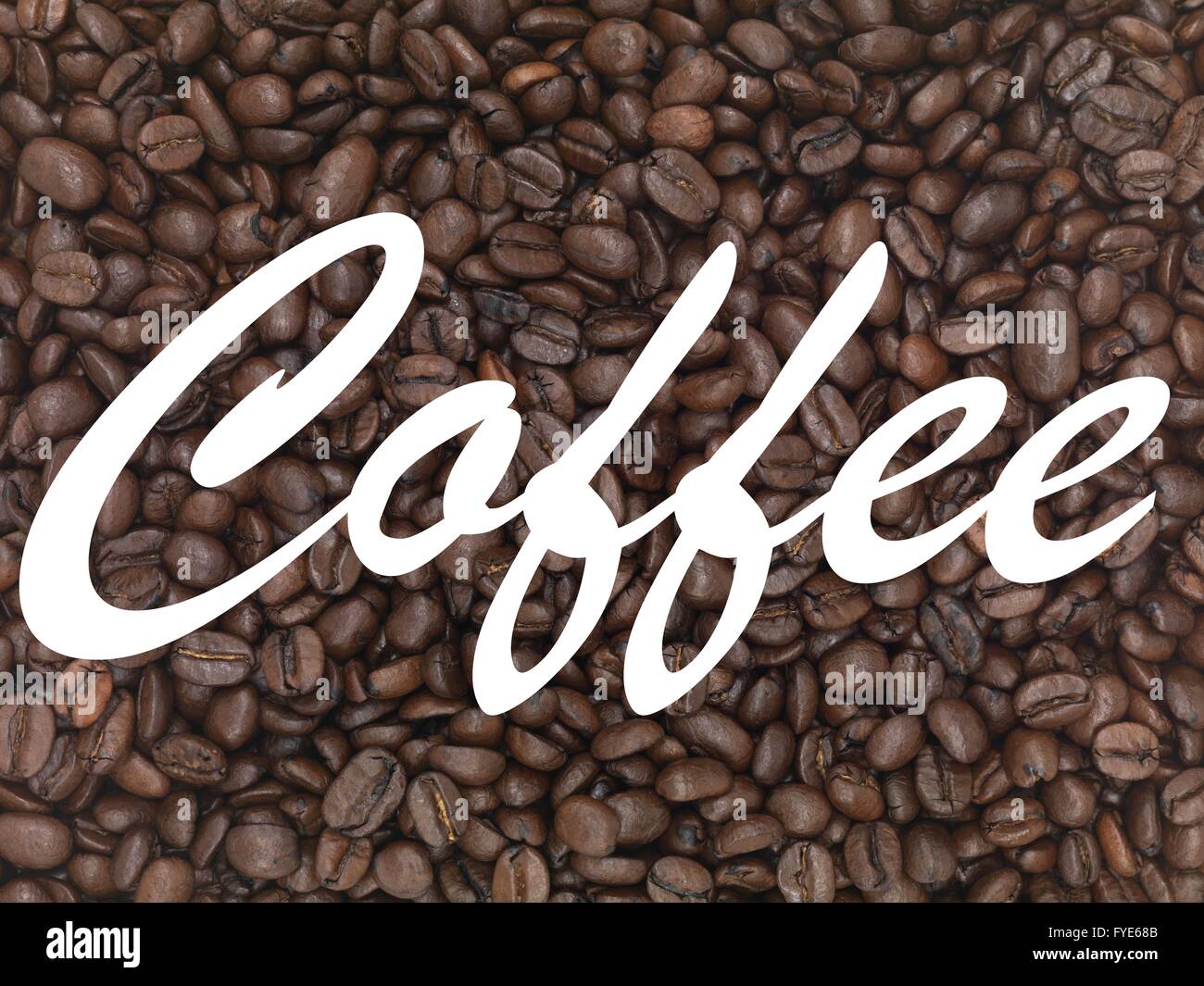 An up close shot of coffee beans with the word coffee Stock Photo
