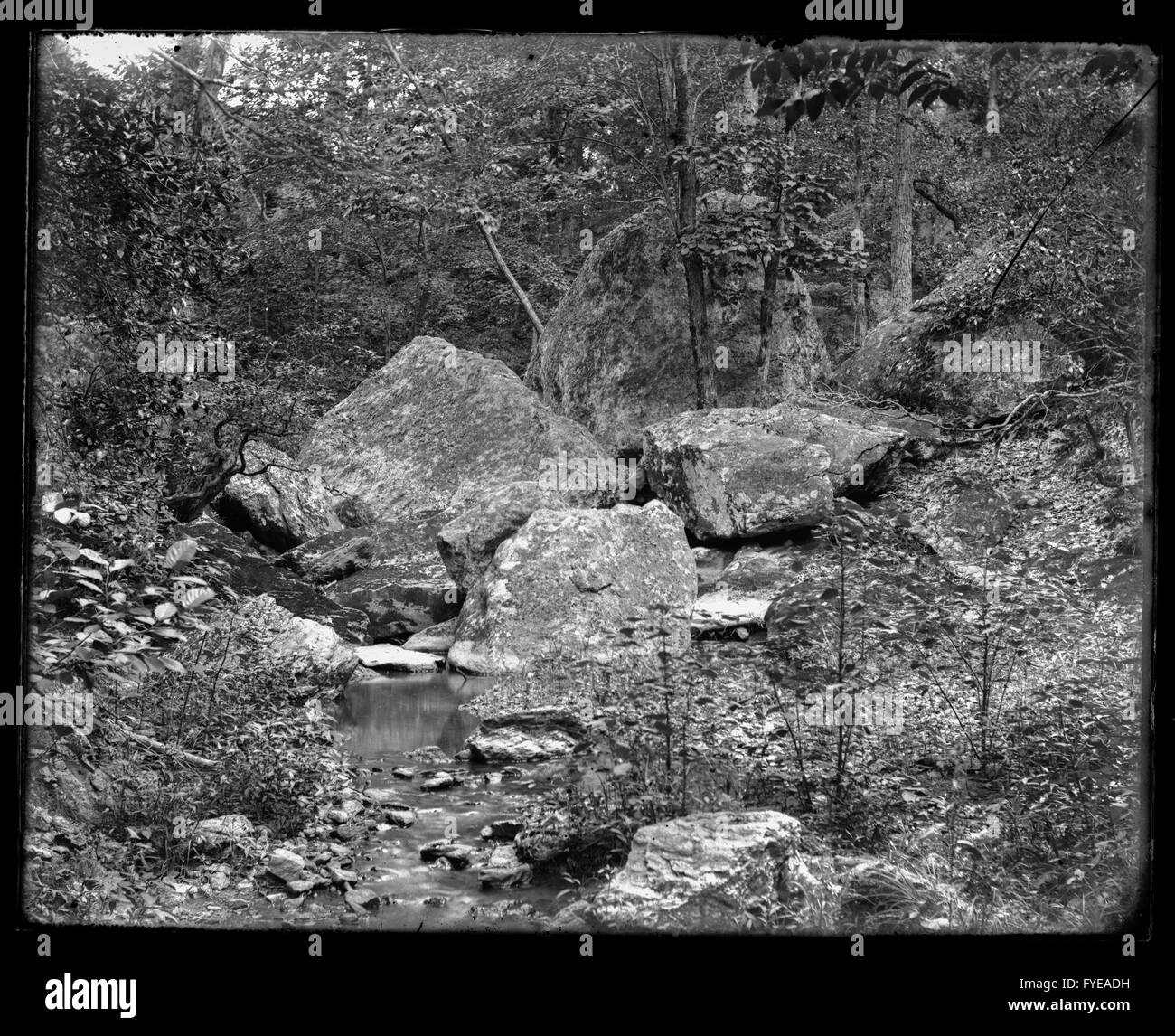 Victorian photograph of rocks on a stream in the woods in Fallston, Maryland Stock Photo