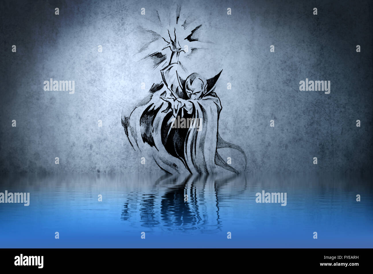 Witch or sorcerer tattoo on blue wall with water reflections Stock Photo -  Alamy