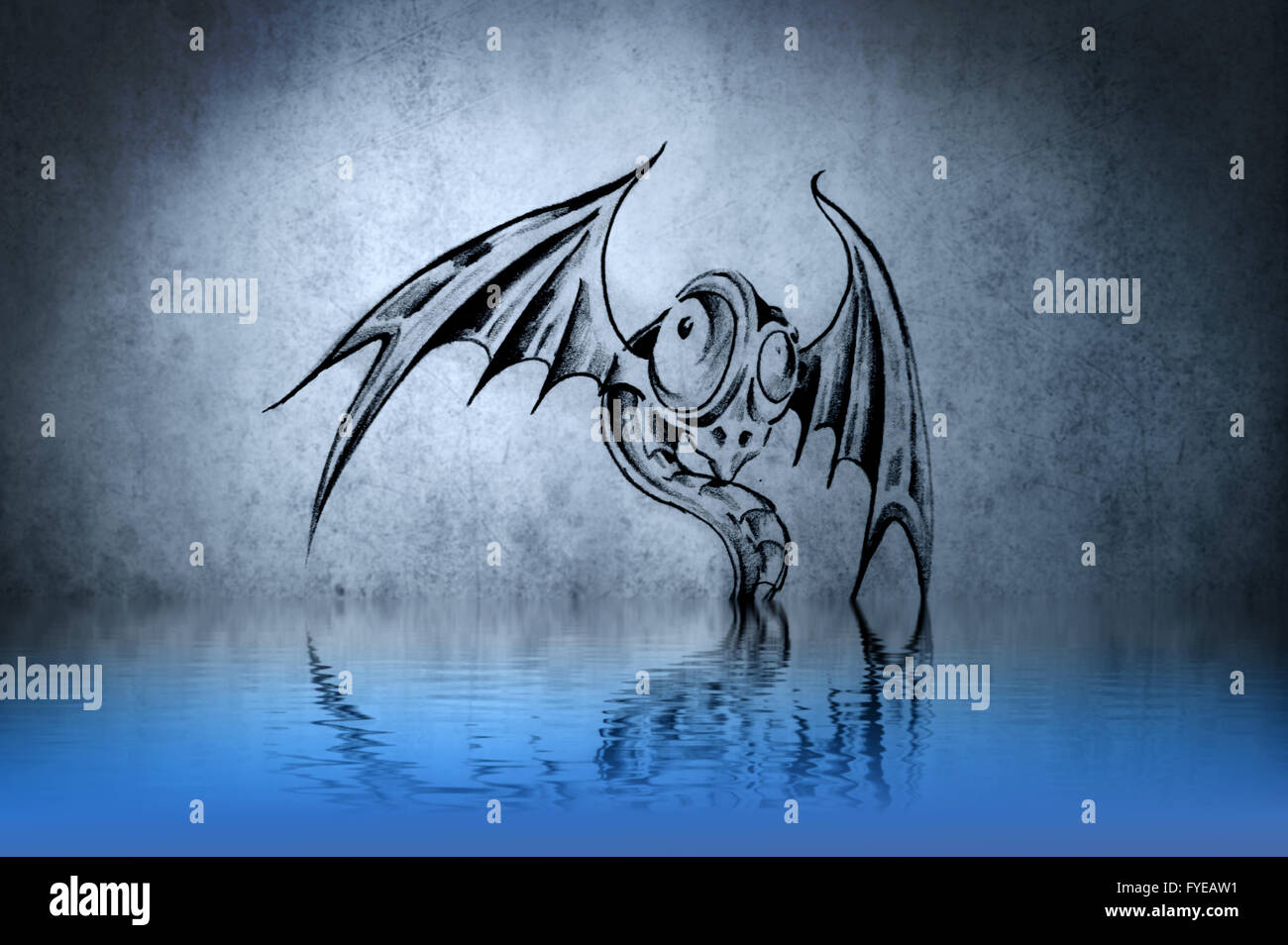 funny dragon tattoo on blue wall reflections in the water Stock Photo -  Alamy