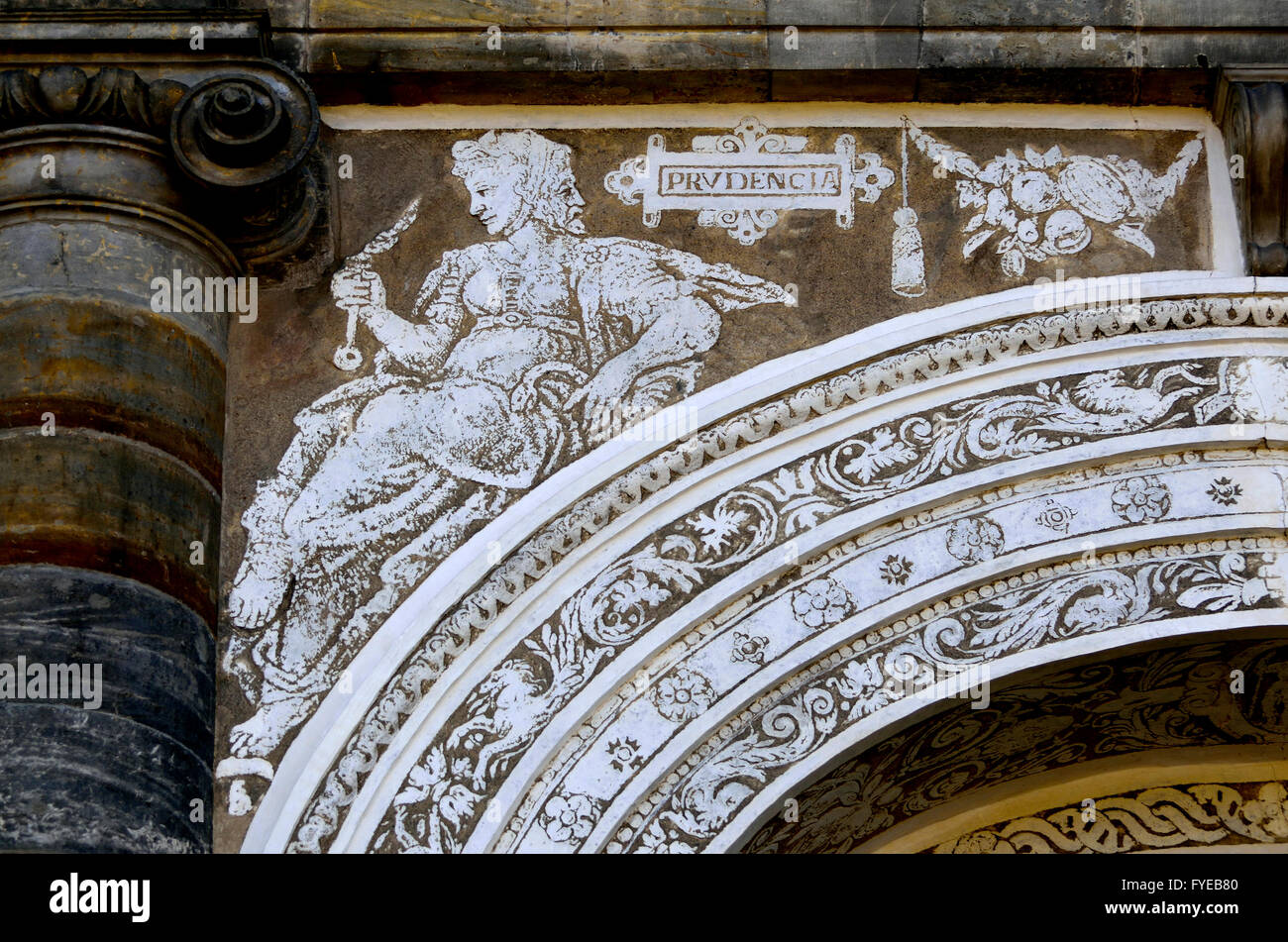 Prague, Czech Republic. Sgraffito facade of the Ball Games Court (Micovna) in the Royal Gardens (Kralovska zahrada). 'Prudencia' Stock Photo