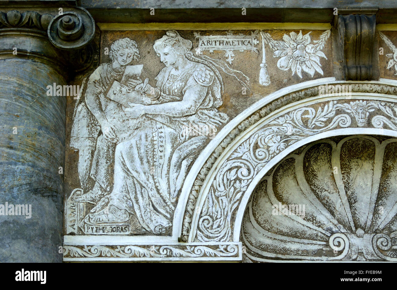 Prague, Czech Republic. Sgraffito facade of the Ball Games Court (Micovna) in the Royal Gardens (Kralovska zahrada). Arithmetic Stock Photo