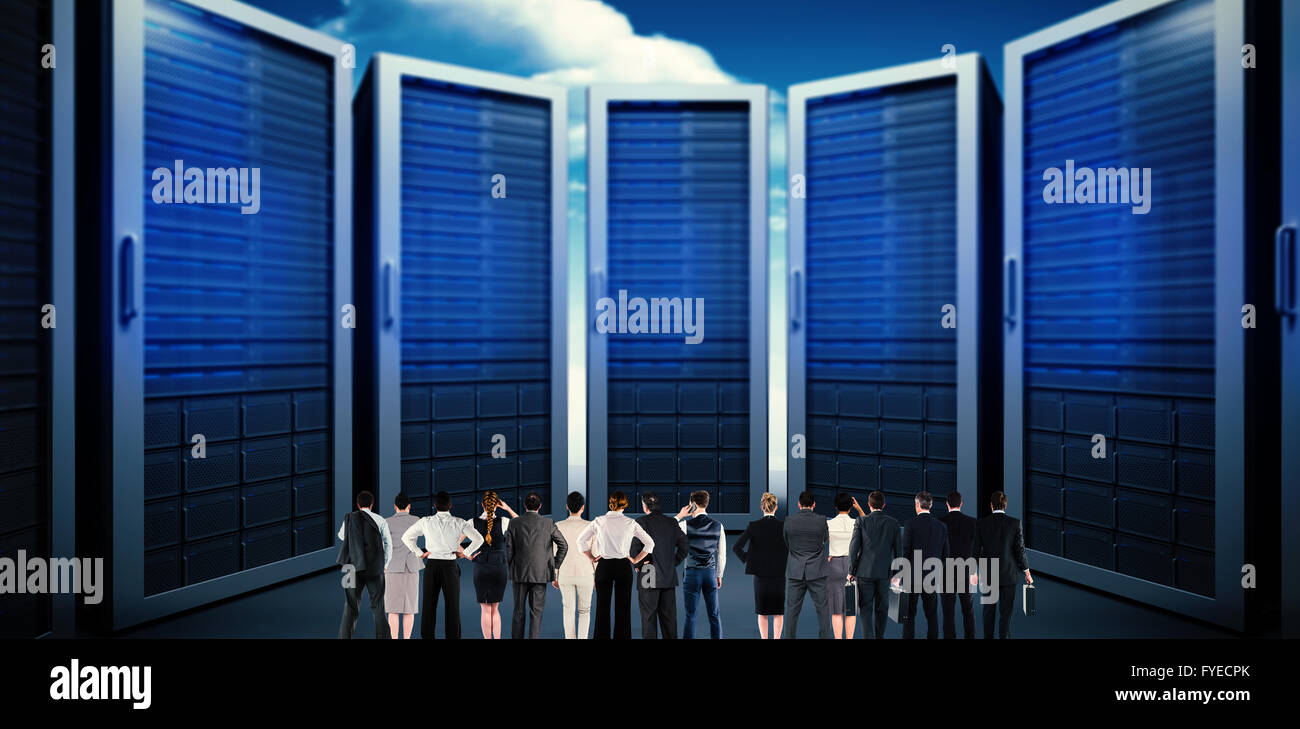 Composite image of rear view of multiethnic business people standing ...