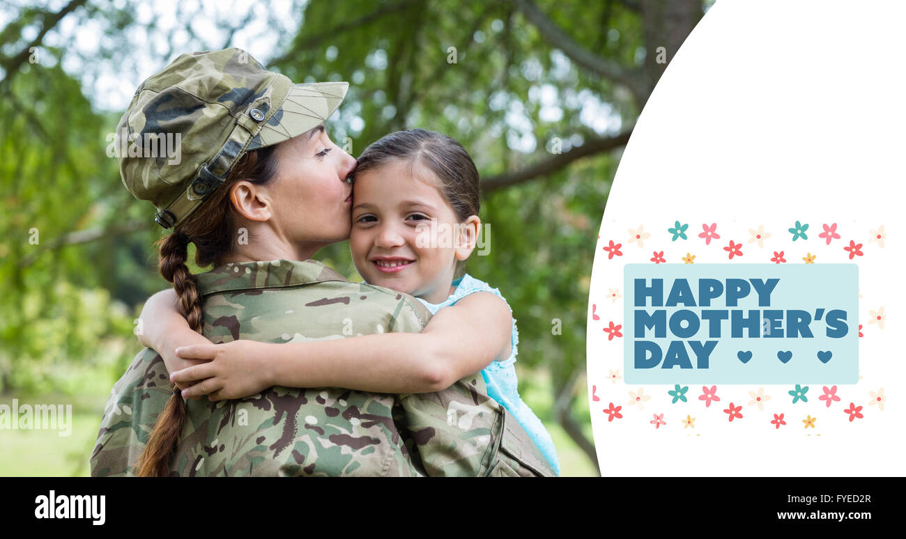 Composite image of mother in army uniform kissing daughter Stock Photo