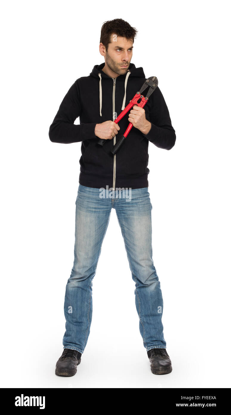 Robber with red bolt cutters, isolated on white Stock Photo
