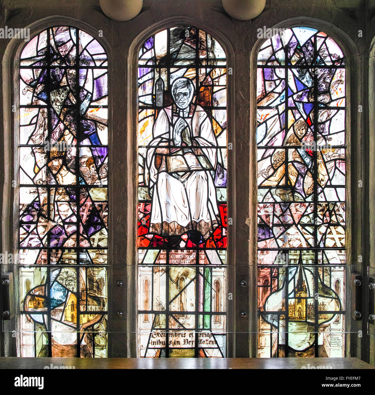 Stained glass window, in memory of Cardinal Newman, at Oriel college, Oxford university, England