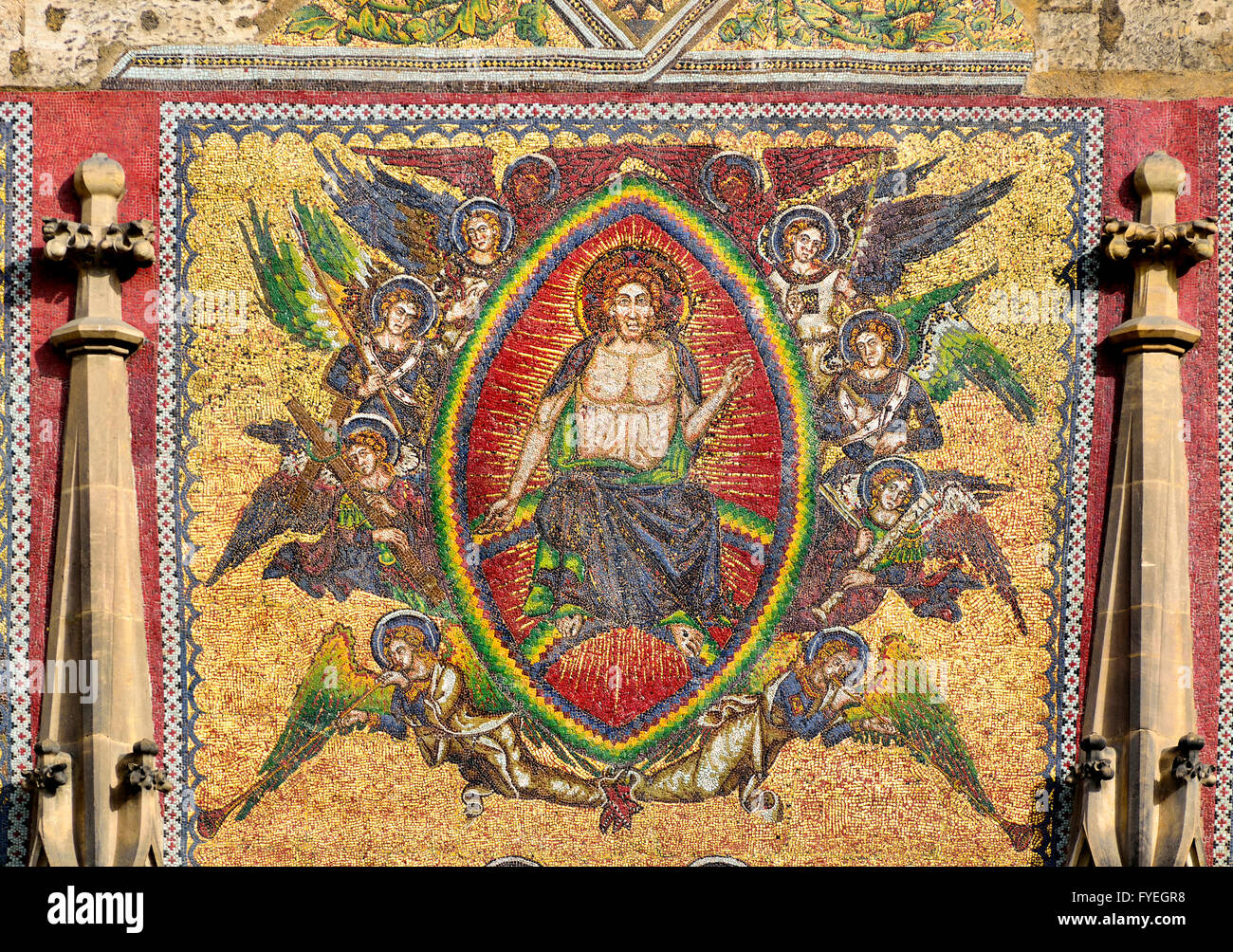 Prague, Czech Republic. St Vitus Cathedral. 82m² mosaic showing the Last Judgment. Central part: Christ in Majesty, angels.... Stock Photo