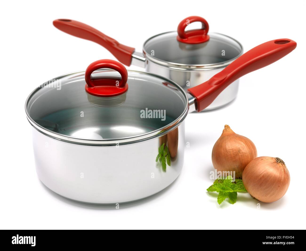 Silver cooking pots isolated against a white background Stock Photo Alamy