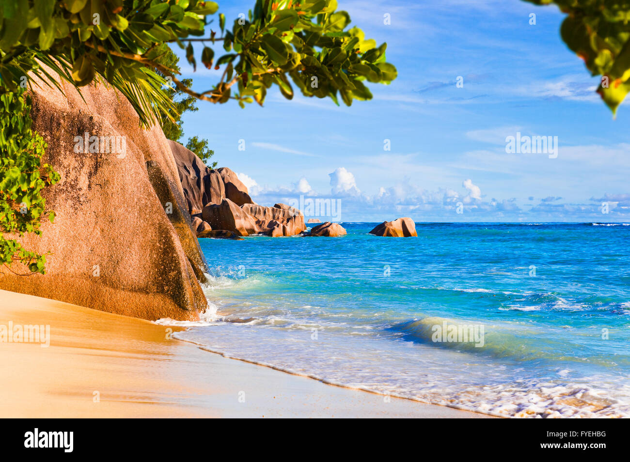 Tropical beach Source D'Argent at Seychelles - vacation background Stock Photo