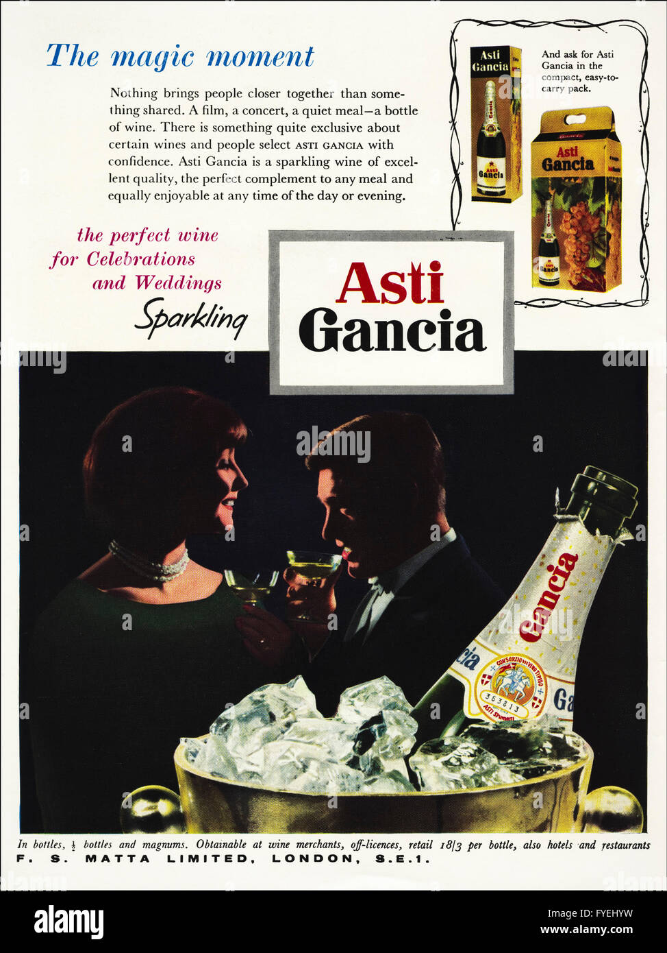 Original old vintage 1960s full page colour magazine advert dated 1962. Advertisement advertising Asti Gancia sparkling wine. Stock Photo