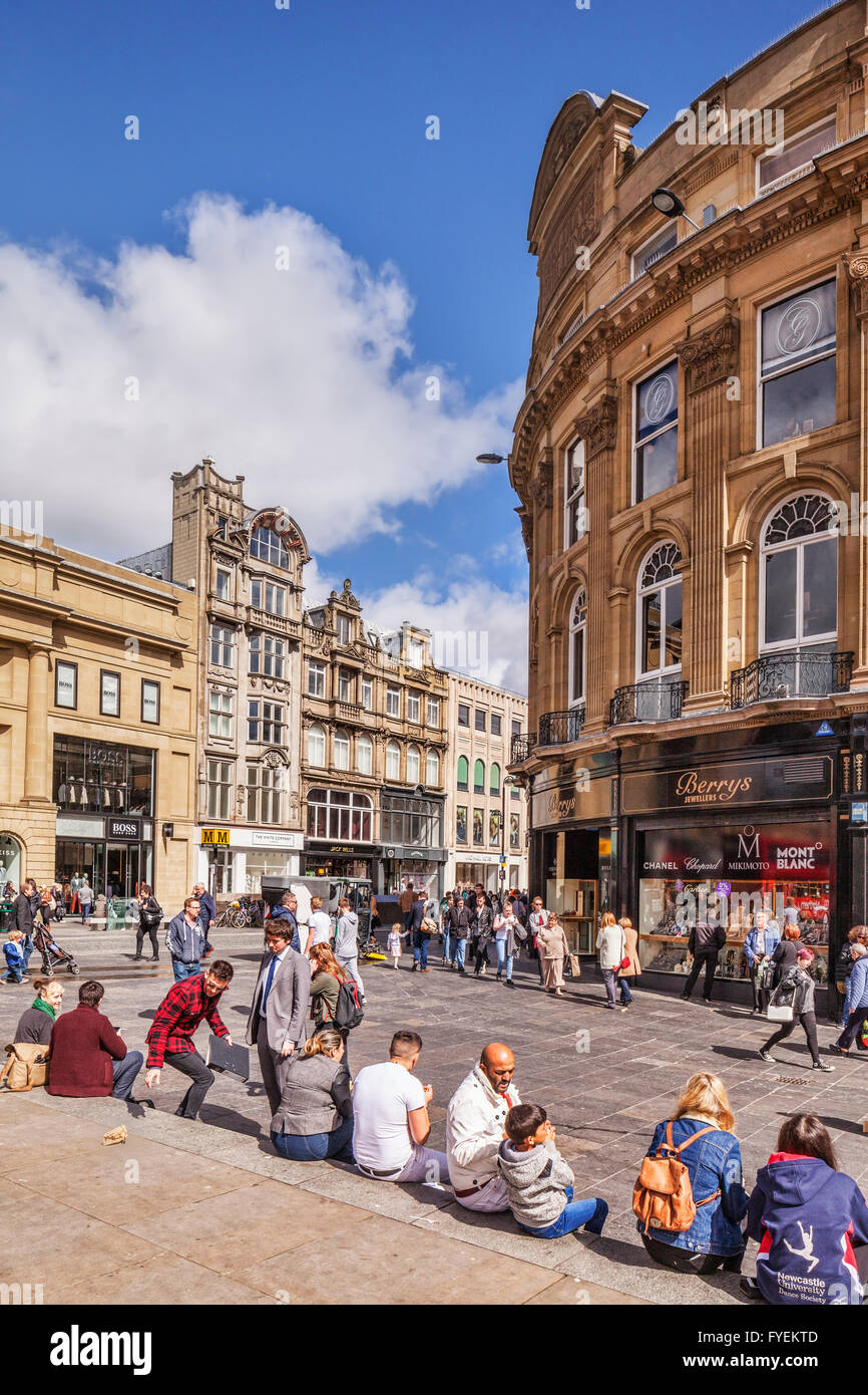 Crowds enjoying the spring sunshine in the centre of Newcastleupon