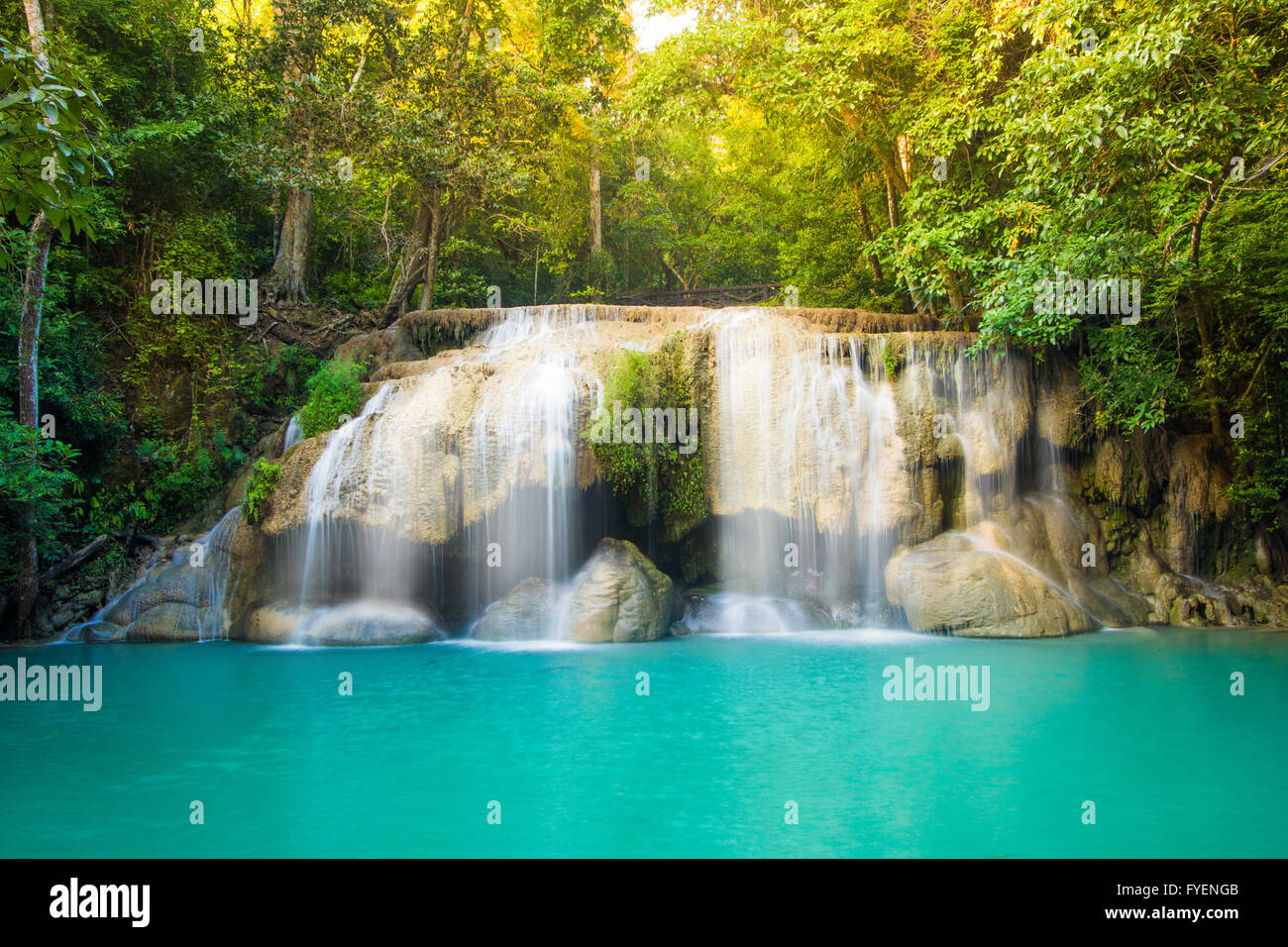 Erawan waterfall environment with big tree and emerald water in Kanchanaburi, Thailand Stock Photo