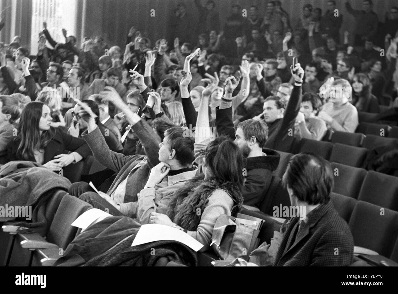 View into the Auditorium Maximum of Free University Berlin during a voting on 13 October 1969. About 400 students of the Philosophic Faculty decided on an unlimited strike. Stock Photo