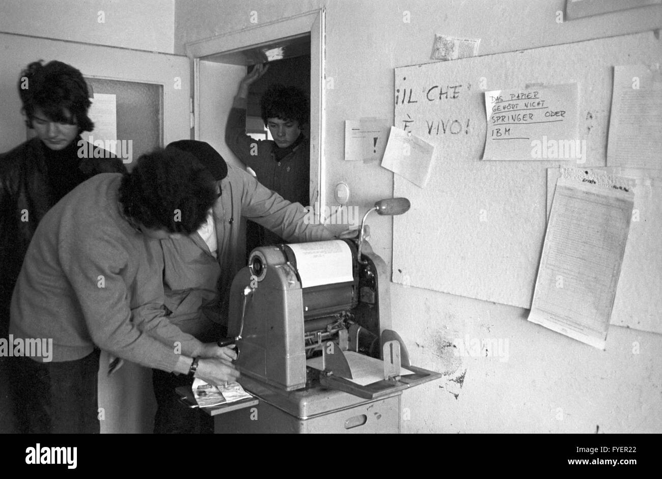 Members of the SDS prepare their flyers in Frankfurt on 13 May 1968 for the demonstrations against the emergency laws. Stock Photo