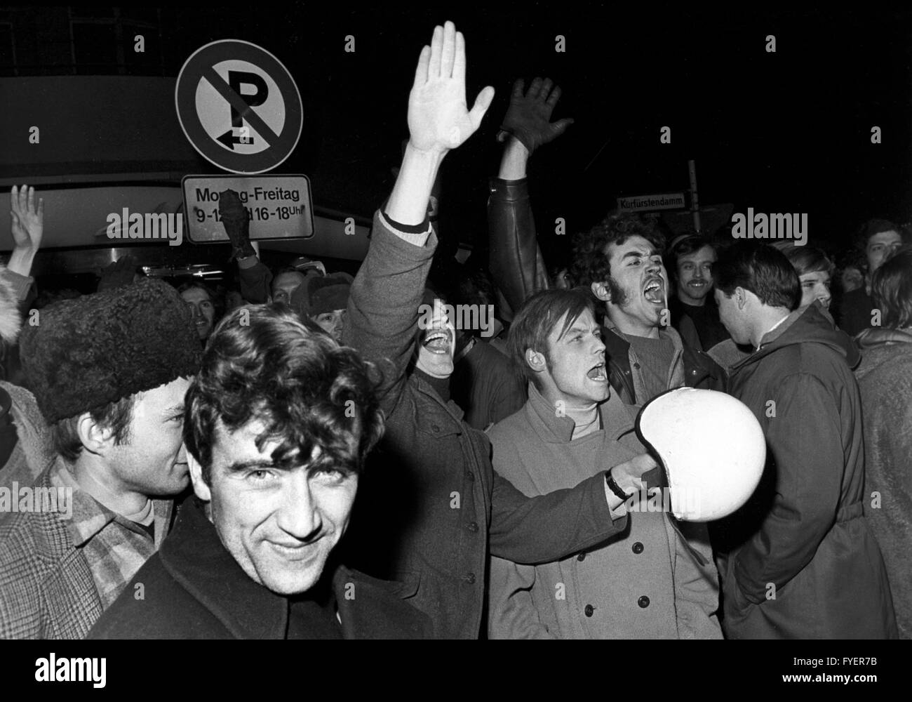 Demonstrators raise their arms and shout 'Sieg heil' and 'Nazis out of West Berlin' during a demonstration against the NPD (National Democratic Party of Germany) on 04 March 1969 in Berlin. Stock Photo