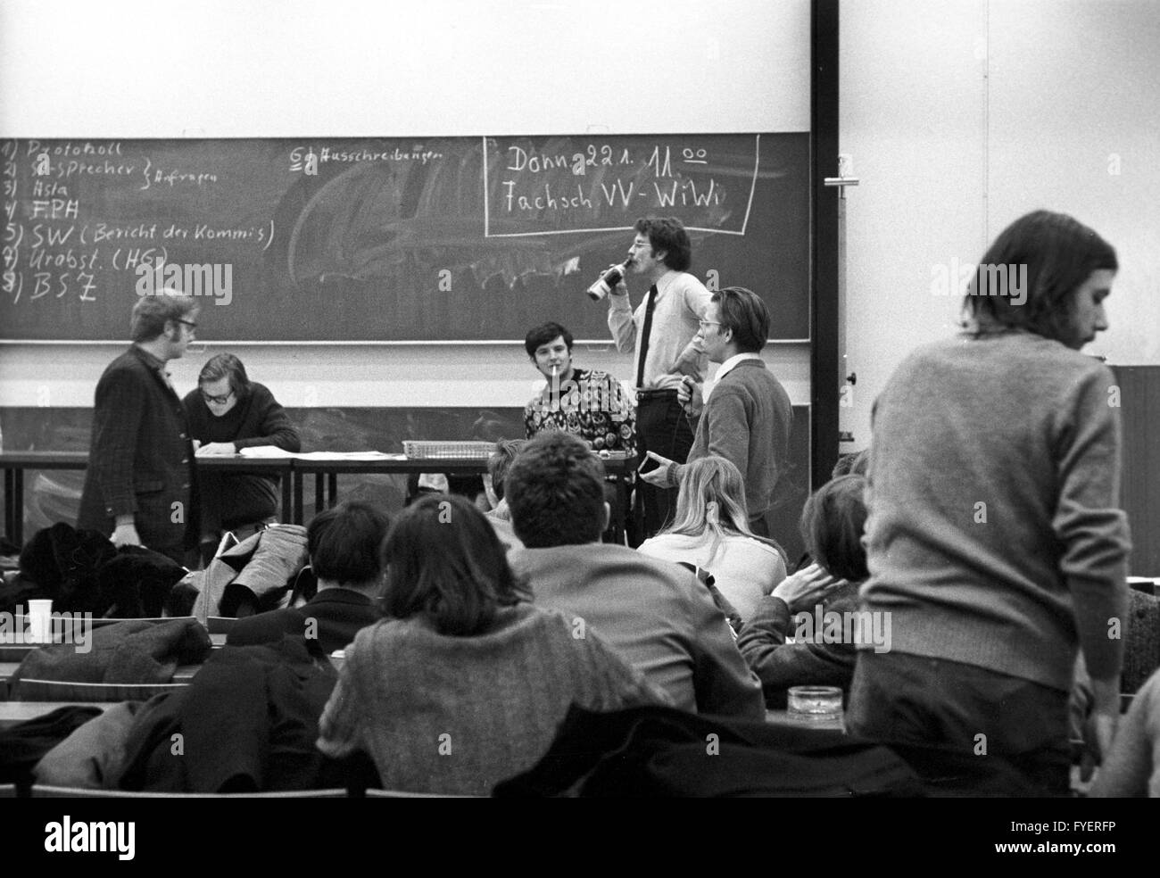 Participants of the students' parliament of the Ruhr University Bochum on 13 January 1970. The majority decided to recommend the students to strike against the Higher Education Act. Stock Photo