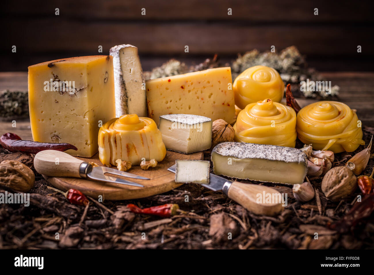 Different types of handicraft cheeses Stock Photo