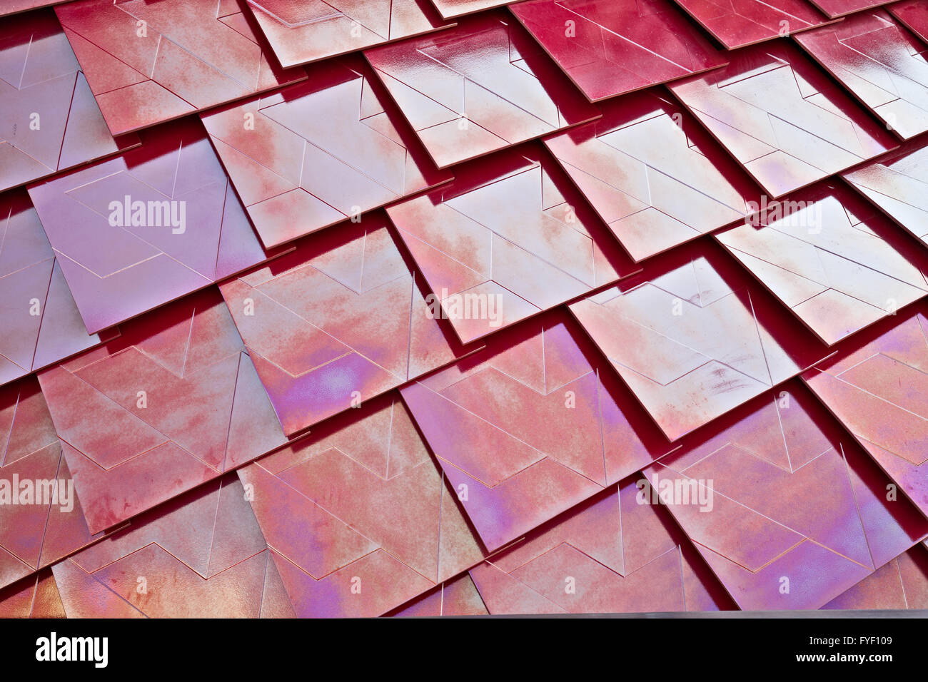 detail of red modern metal tile roof Stock Photo