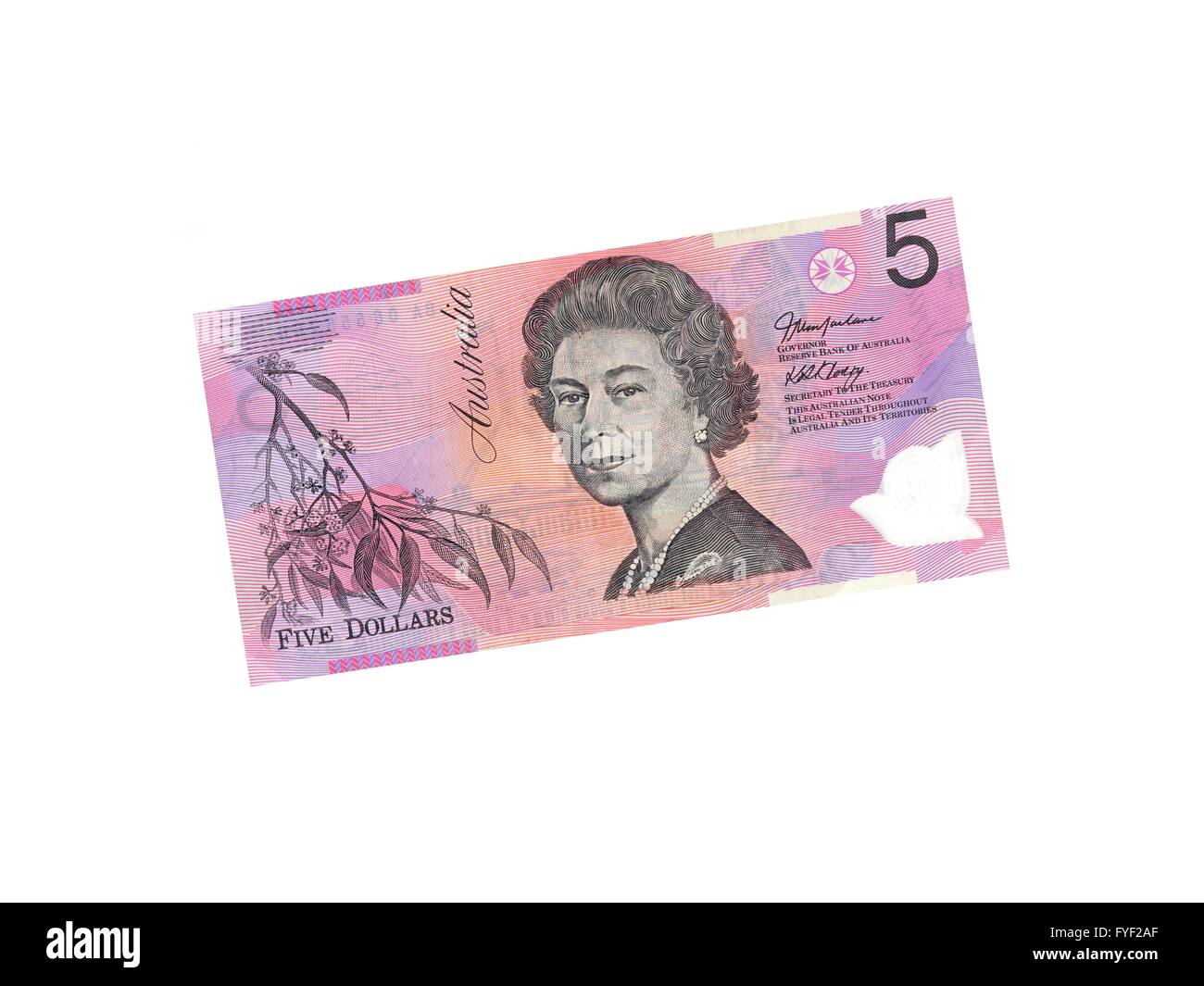 Australian five dollar note isolated against a white background Stock Photo