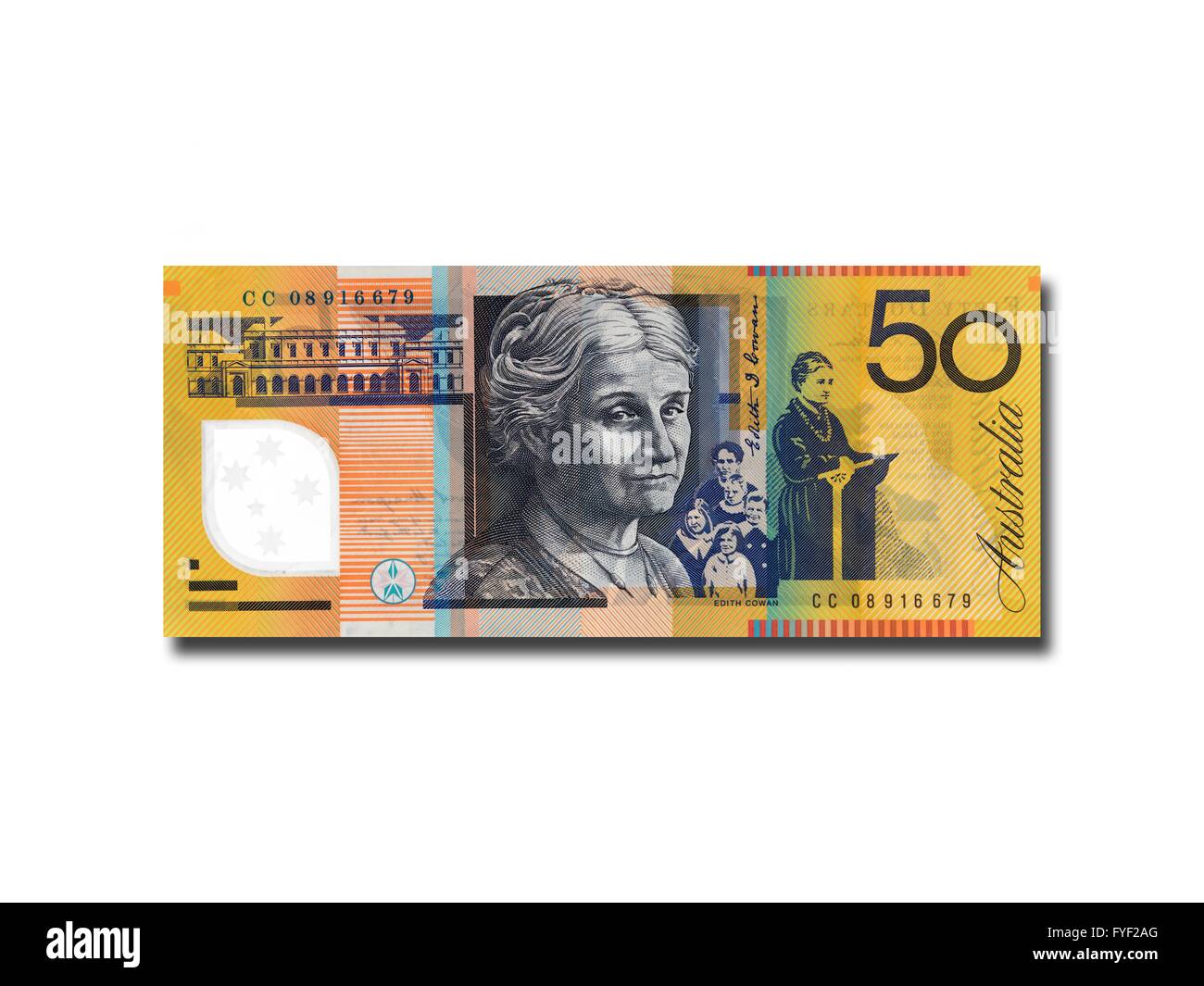 Australian fifty dollar note isolated against a white background Stock Photo