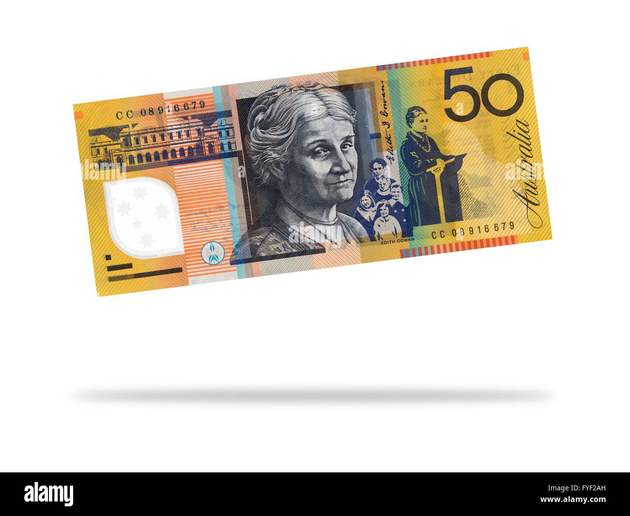 Australian fifty dollar note isolated against a white background Stock Photo