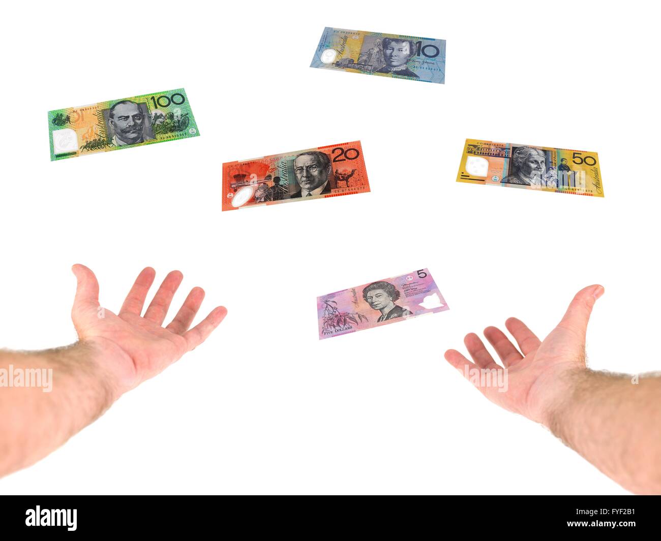 A hand catching falling notes isolated against a white background Stock ...